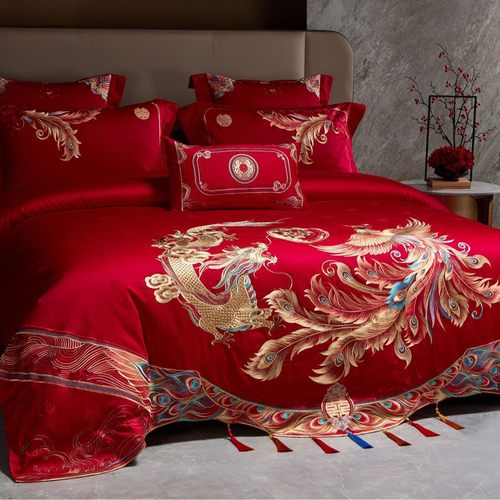 红色全棉四件套男方结婚床上用品陪嫁龙凤结婚六件套长绒棉被套