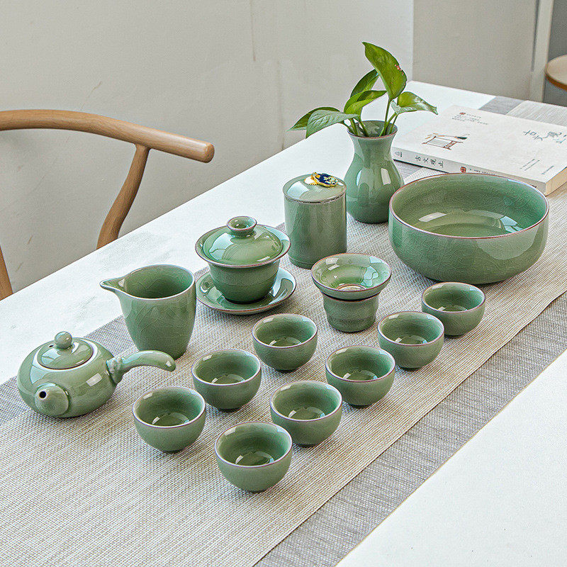 功夫汝窑哥窑茶具套装2025新款中式家用开片陶瓷盖碗全整套礼盒装