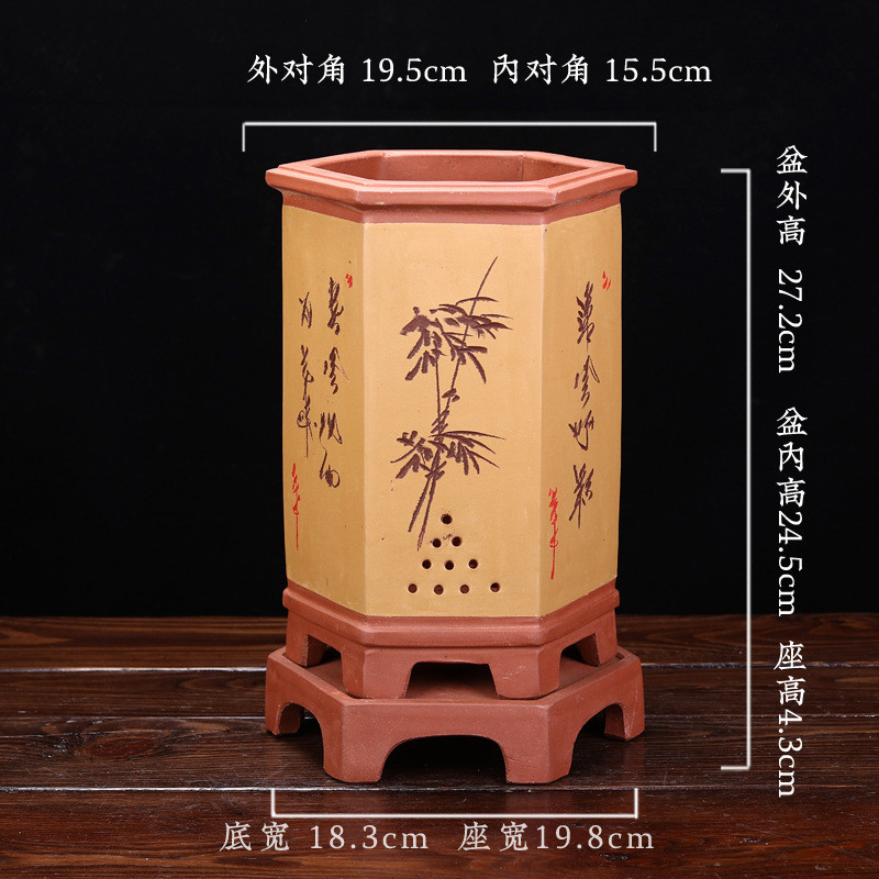 六方兰花盆陶瓷透气紫砂花盆带托盘吊兰批发蕙兰园艺君子兰