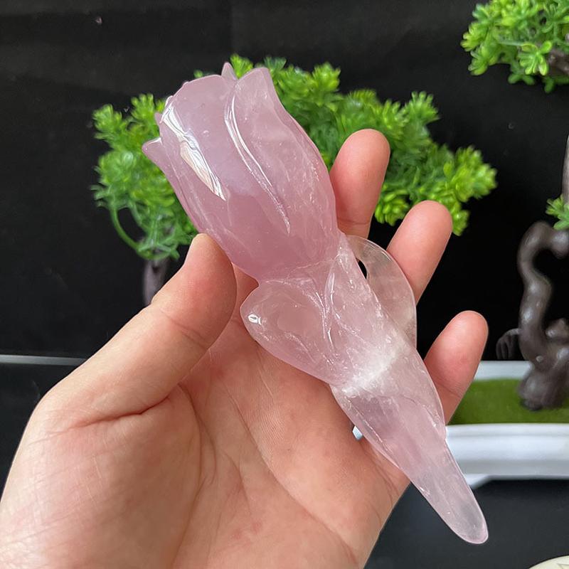 厂家批发天然粉晶玫瑰花权杖 手工diy雕刻水晶玫瑰花工艺品摆件