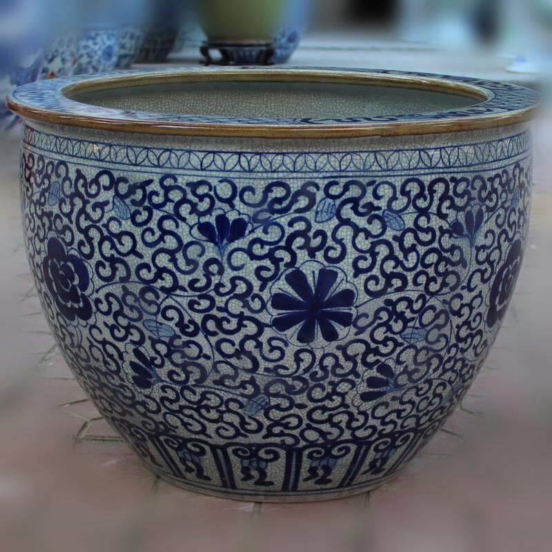 景德镇裂纹批发仿古手绘青花陶瓷鱼缸釉开片陶瓷缸装饰摆件工艺品