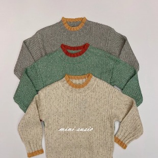 断码特价包邮110-150欧美男女童三色针织拼色套头毛衣