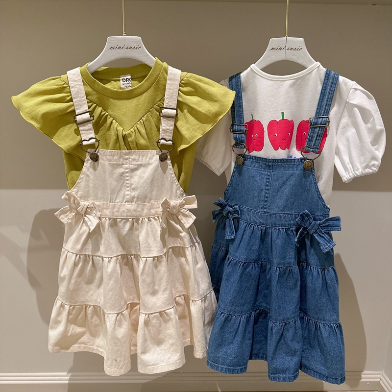 110-150日系女童AF两色蝴蝶结牛仔背带裙