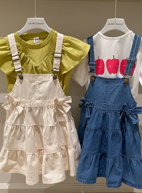 110-150日系女童AF两色蝴蝶结牛仔背带裙