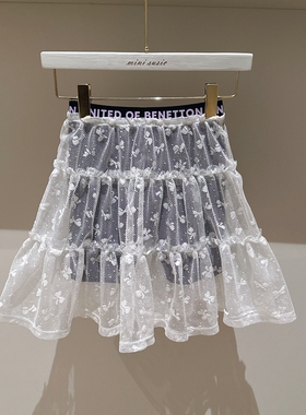 100-1·40韩系贝家女童白色蕾丝网纱拼黑色防走光半裙