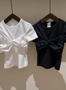 7-16澳中大童两色褶皱蝴蝶结速干弹力运动短袖T恤