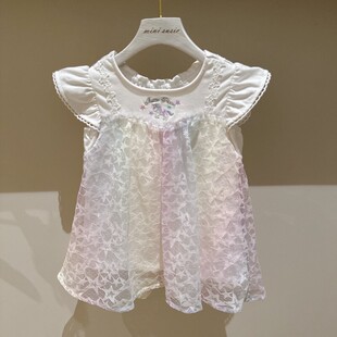 110 140日系轻奢女童刺绣拼接提花网纱小飞袖 上衣裙 包邮