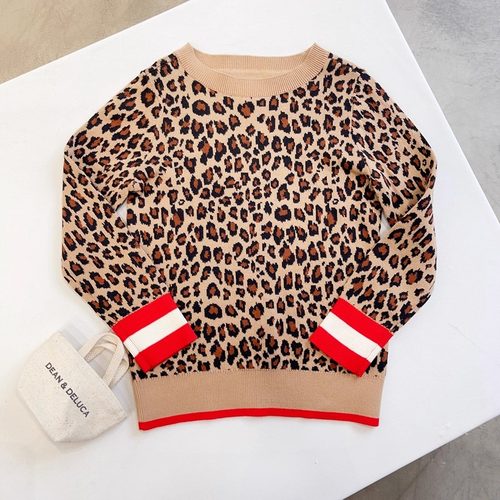 包邮4-16女童棉线薄款豹纹套头毛衣