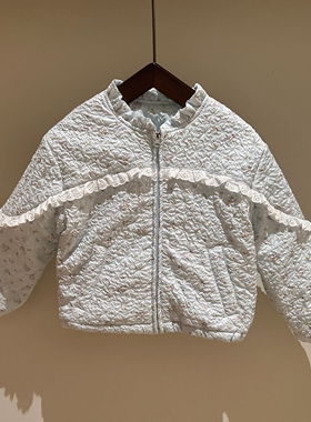 110-155韩系高端淡蓝满印碎花压皱蕾丝木耳边夹薄棉外套