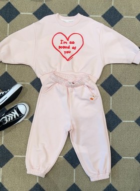 100-145韩系潮童RJ粉色爱心字母宽松套头卫衣+裤子（分开拍）