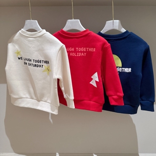 包邮100-150韩系男女童笑脸三色加绒套头卫衣