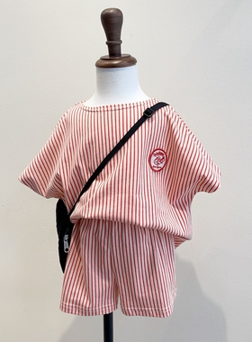 自留100-145韩系潮童男女童纯棉红色条纹T恤+短裤（分开拍）