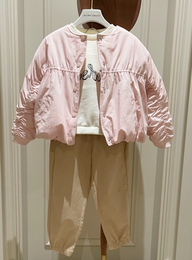 自留110-155韩系高端女童粉色松紧衣摆夹薄棉外套