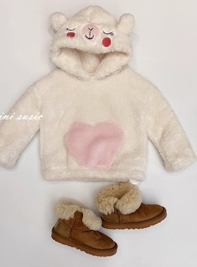 包邮2-12法系女童白色毛绒绒羊驼连帽保暖卫衣