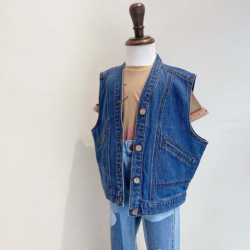 包邮110-145韩系潮童男女童V领单排扣牛仔背心马甲