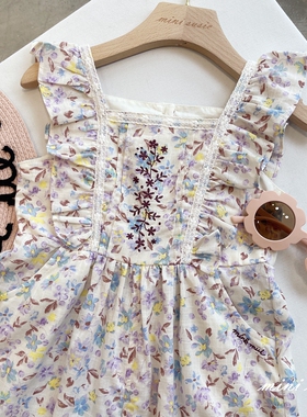 95-122韩系高端童装女童刺绣满印花朵荷叶边肩带连体阔腿裤