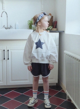 100-145韩系潮童RJ男女童白色宽松五角星薄套头卫衣+短裤（分开拍