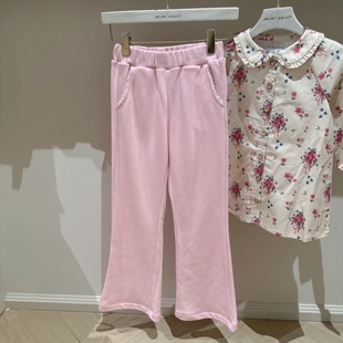 110 155韩系高端女童粉色白蕾丝边口袋松紧腰薄毛圈喇叭长裤