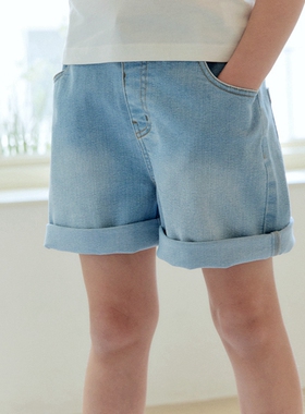 100-145韩系潮童RJ男女童半松紧腰蓝色牛仔短裤