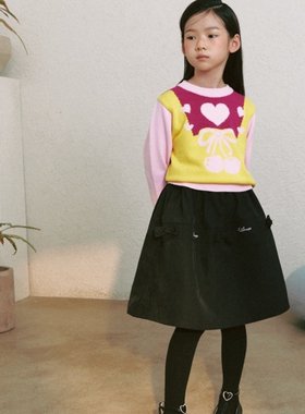 110-155韩系高端女童黑色刺绣字母蝴蝶结A字半身裙蓬蓬裙