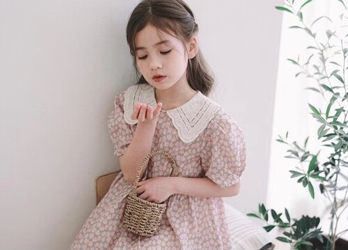 蕾丝翻领满印花朵泡泡袖连衣裙