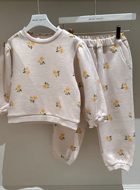 特价包邮自留110-145韩系高端童装女童碎花抓绒卫衣套装