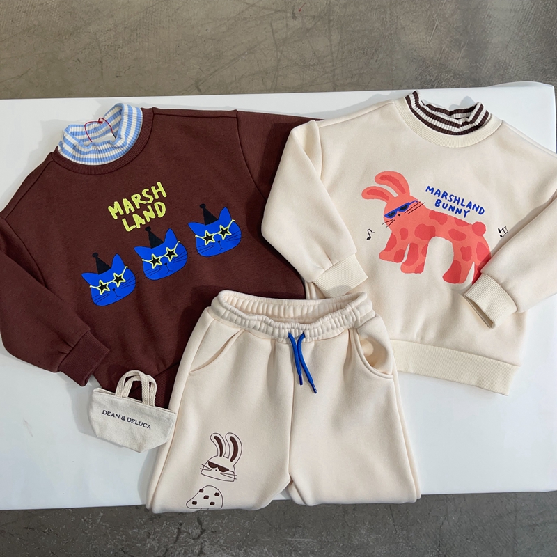 100-150韩系男女童两色卡通半高领加绒内里套头卫衣+加绒裤子