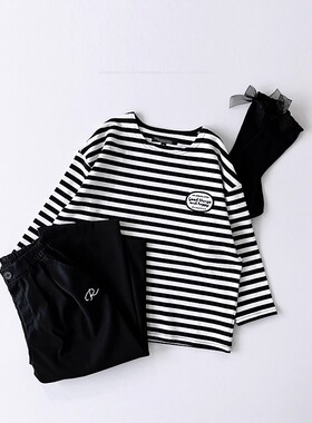 包邮100-145韩系潮童RJ男女童黑白条纹字母贴布薄毛圈套头长袖T恤