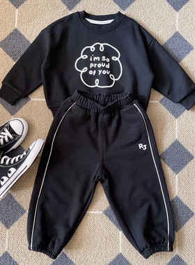 100-145韩系潮童RJ白色字母毛圈套头卫衣+裤子（分开拍）