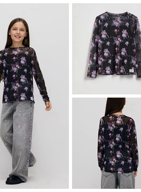 116-164荷兰女童柔软网纱印花卡通内里吊带假两件上衣