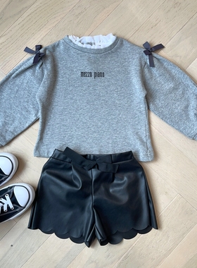 90-140日系轻奢女童字母白色木耳领边蝴蝶结泡泡袖毛圈卫衣