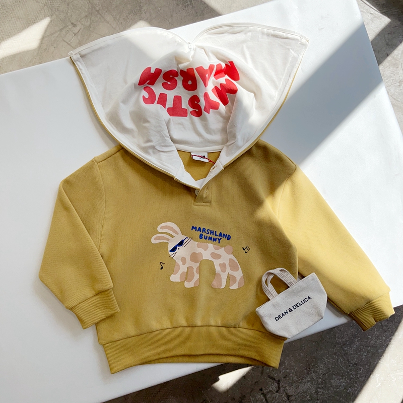 100-140韩系男女童黄色卡通兔两用帽子套头卫衣