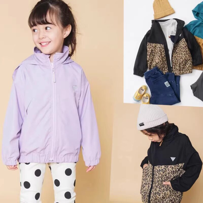 断码特价（原65）包邮90-150日系男女童拼色豹纹紫色连帽挡风外套