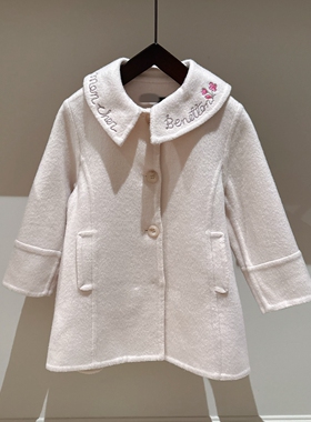 110-150韩系女童贝家刺绣花朵字母翻领薄毛呢外套