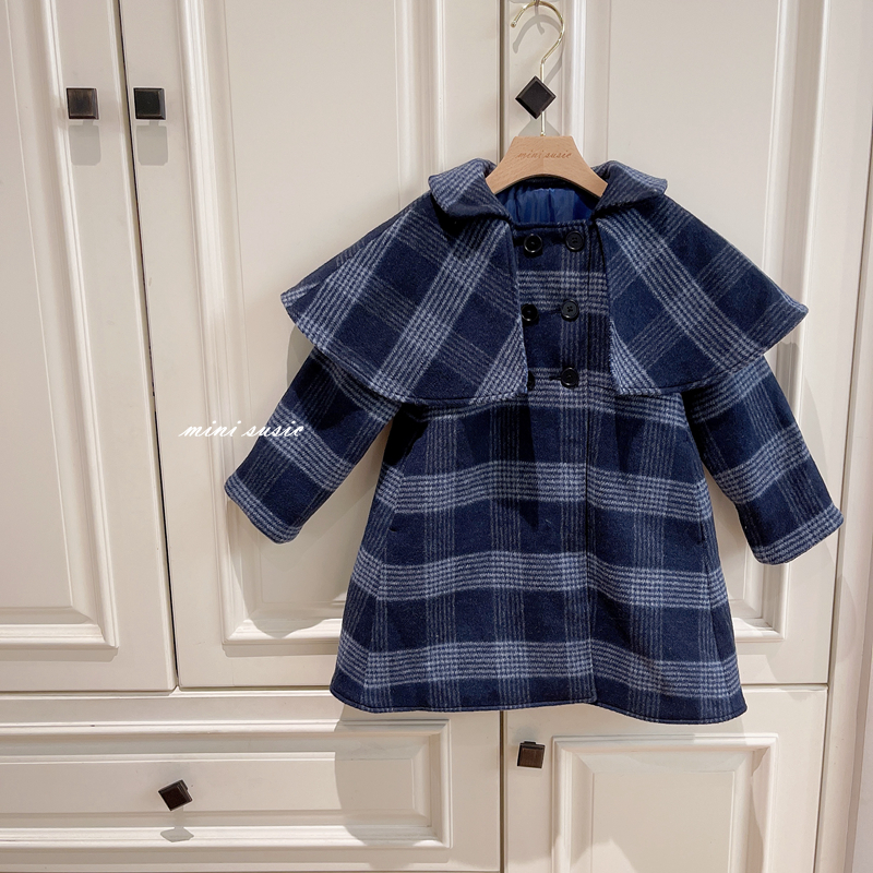 110-155韩国高端童装藏蓝格子斗篷式毛呢夹棉外套大衣
