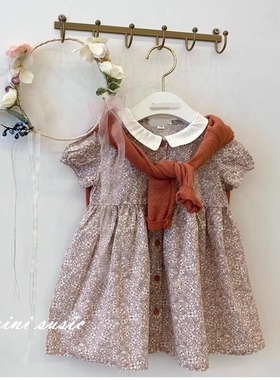 1-8韩国童装女童满印碎花白色小翻领单层纯棉短袖连衣裙