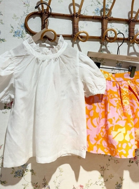 110-130韩系高端女童白色透气麻料木耳领泡泡短袖A字衬衣（偏大）