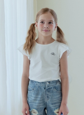 100-145韩系潮童RJ黑色字母小飞袖纯棉短袖T恤