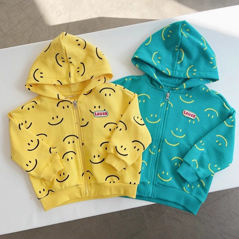 包邮100-150韩系男女童两色满印笑脸连帽拉链卫衣外套