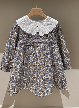 3-11法系女童细条绒满印碎花绣花白翻领长袖连衣裙