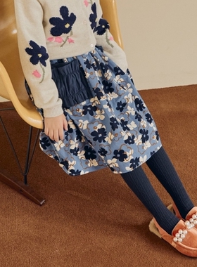 110-145韩系高端童装蓝色印花松紧腰半身裙腰裙