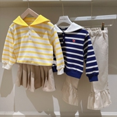 100 155韩系男女童两色海军风领条纹套头卫衣