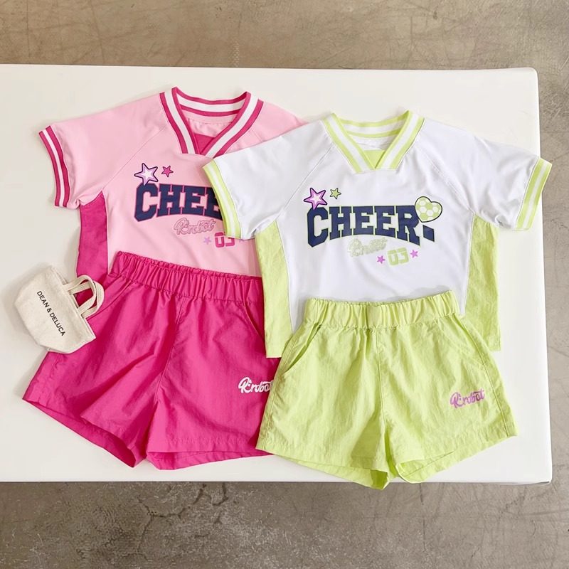 100-155韩系男女童两色拼色字母V领户外速干运动短袖短裤套装