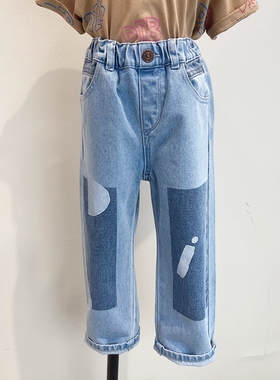 110-145韩系潮童男女童方块涂鸦松紧腰牛仔直筒裤