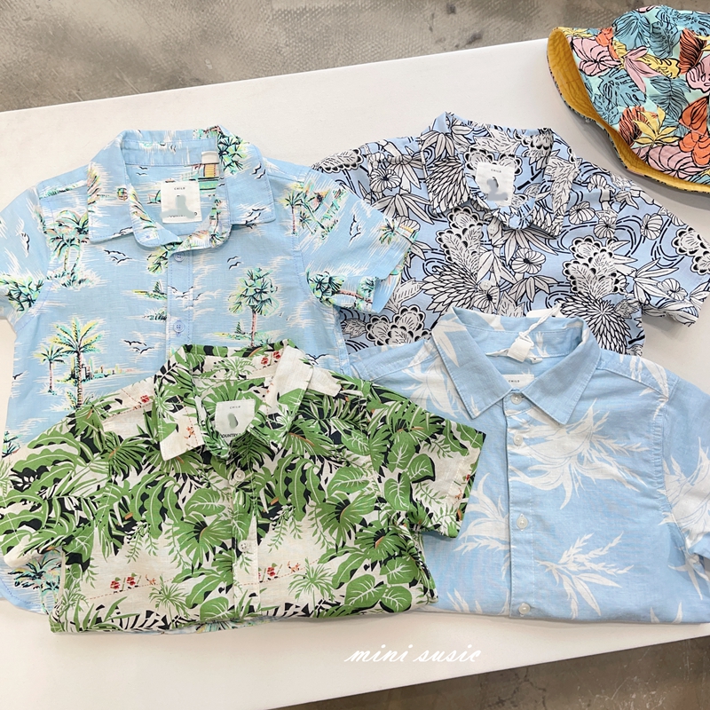 1-10澳男童度假风棉麻四色印花沙滩短袖衬衣