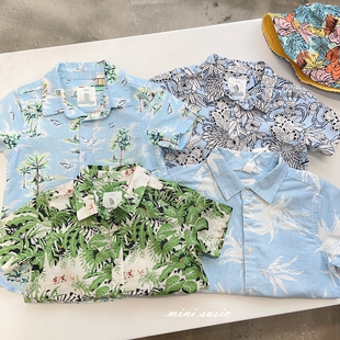 1-10澳男童度假风棉麻四色印花沙滩短袖衬衣