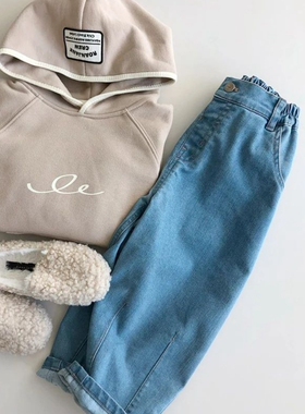 自留100-145韩系潮童RJ蓝色内里磨毛松紧腰柔软牛仔长裤