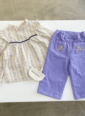 100-145韩系高端童装女童紫色条绒刺绣口袋松紧腰直筒裤