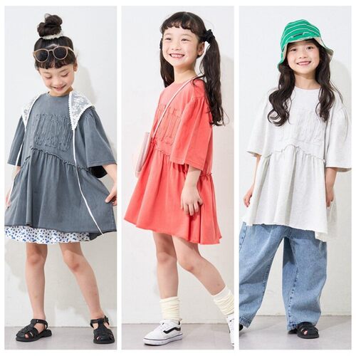 包邮110-150日系女童四色贴布字母做旧五分袖宽松短袖上衣裙