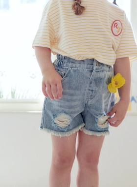 100-145韩系潮童RJ男女童蓝色破洞毛边半松紧腰牛仔短裤 热裤